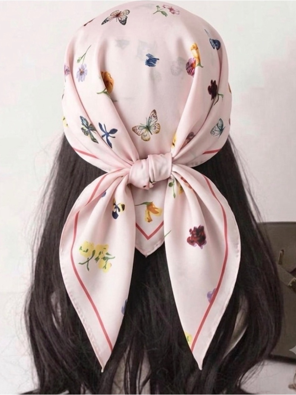 Pink Floral & Butterfly silk feeling Headscarf - Lightweight Women's Accessory